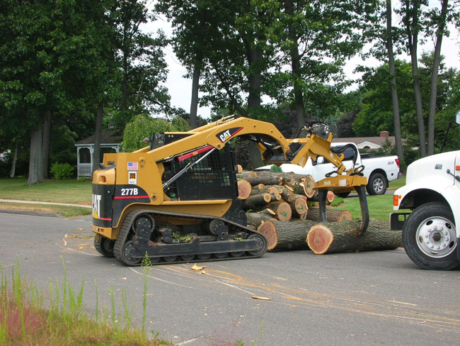 Caterpillar multi-terrain loaders have rubber tracks with low ground pressure for minimal impact on lawns. (3 lbs. per square inch ground pressure) 7 foot wide, compact size for accessibility. Moves materials (logs and brush) from yard to the street to be chipped. And we have several experienced operators.